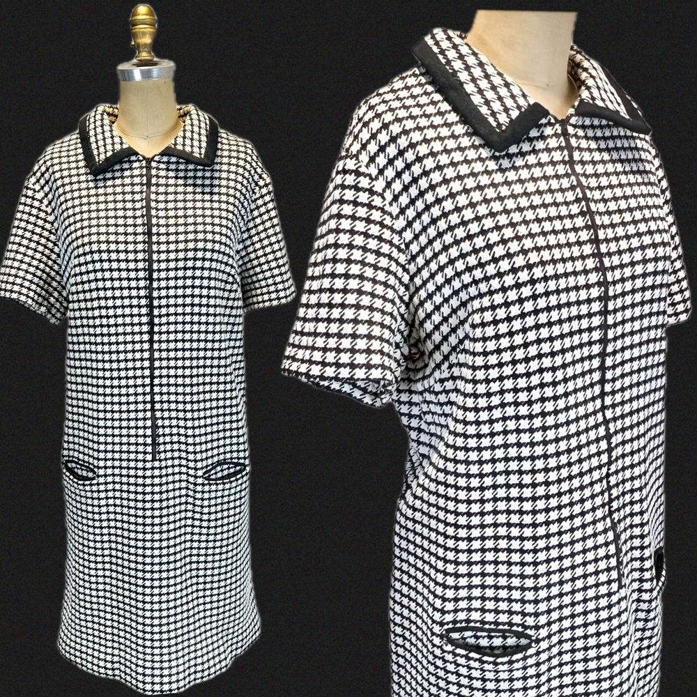 VINTAGE MCM houndstooth check day dress midi short sleeve pockets mid century